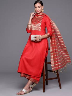 Indo Era Solid Red Straight Kurta Palazzo With Dupatta Set 4