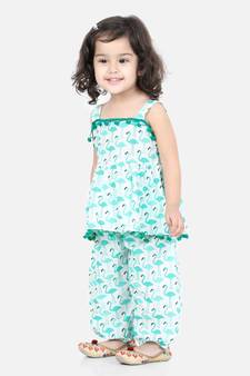 BownBee Flamingo Print Cotton Top Harem Set- Green