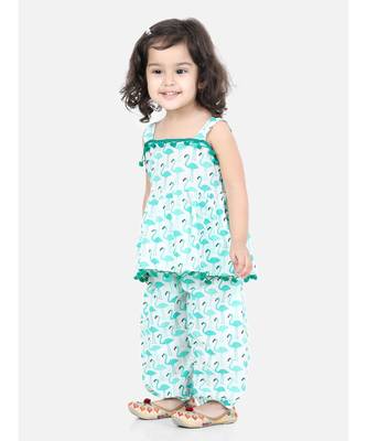 BownBee Flamingo Print Cotton Top Harem Set- Green 1