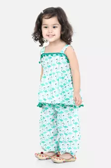 BownBee Flamingo Print Cotton Top Harem Set- Green