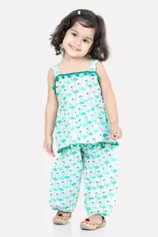 BownBee Flamingo Print Cotton Top Harem Set- Green