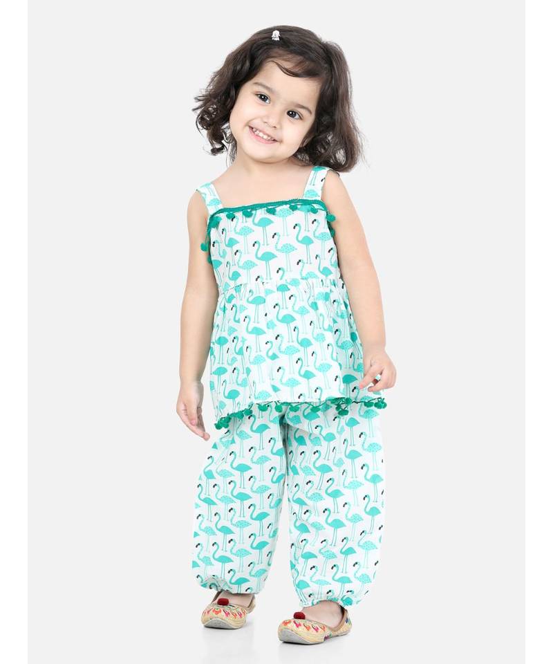 BownBee Flamingo Print Cotton Top Harem Set- Green