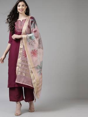 Indo Era Purple Embroidered Straight Kurta Trouser With Dupatta Set 1