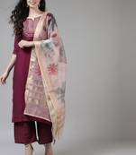 Indo Era Purple Embroidered Straight Kurta Trouser With Dupatta Set