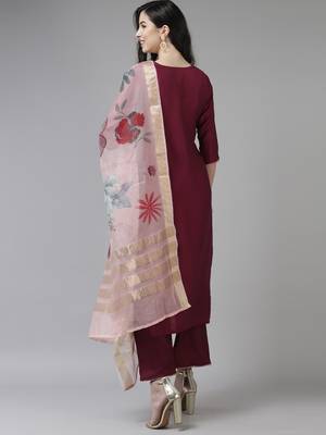 Indo Era Purple Embroidered Straight Kurta Trouser With Dupatta Set 2