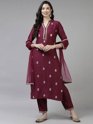 Indo Era Purple Embroidered Straight Kurta Trouser With Dupatta Set 1