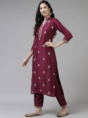 Indo Era Purple Embroidered Straight Kurta Trouser With Dupatta Set 3