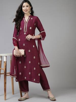 Indo Era Purple Embroidered Straight Kurta Trouser With Dupatta Set 4