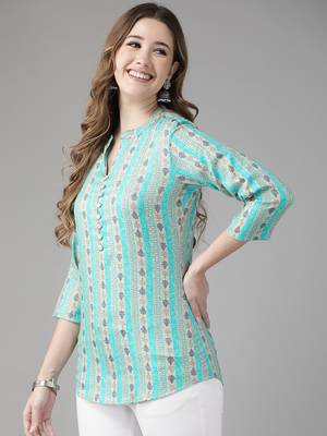 Turquoise printed viscose rayon cotton-tops 2