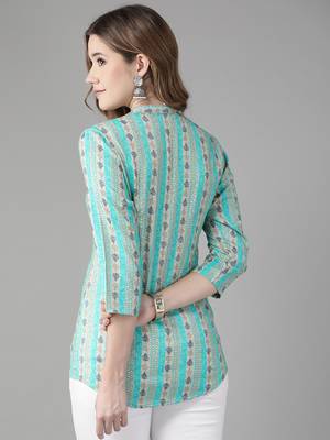 Turquoise printed viscose rayon cotton-tops 3