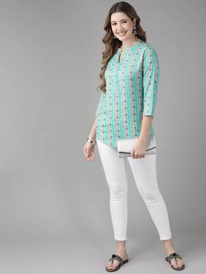 Turquoise printed viscose rayon cotton-tops 5