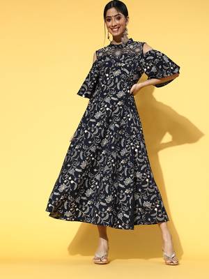 Navy-blue printed cotton long-dresses 1