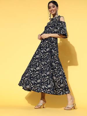 Navy-blue printed cotton long-dresses 2
