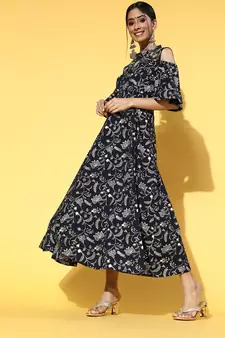 Navy-blue printed cotton long-dresses