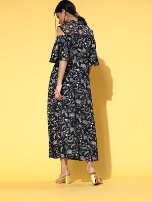 Navy-blue printed cotton long-dresses 3