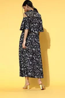 Navy-blue printed cotton long-dresses
