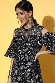 Navy-blue printed cotton long-dresses