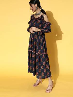 Navy-blue printed cotton long-dresses 1