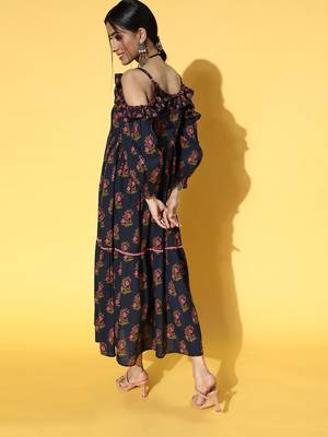 Navy-blue printed cotton long-dresses 2