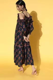 Navy-blue printed cotton long-dresses