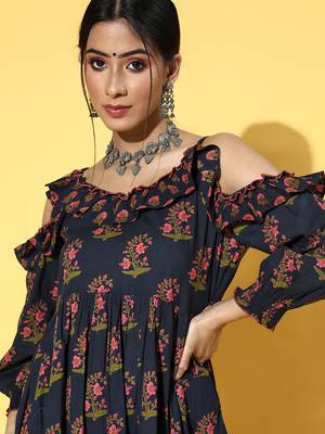 Navy-blue printed cotton long-dresses 3