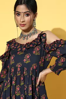 Navy-blue printed cotton long-dresses