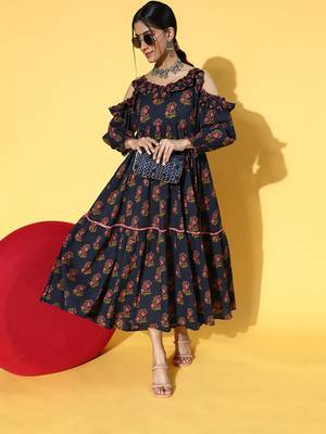 Navy-blue printed cotton long-dresses 4