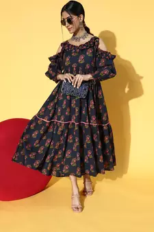 Navy-blue printed cotton long-dresses