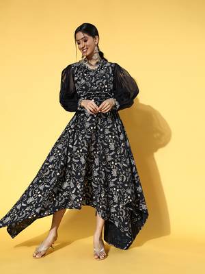 Navy-blue printed cotton long-dresses 1