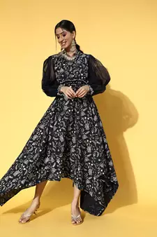 Navy-blue printed cotton long-dresses