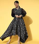 Navy-blue printed cotton long-dresses