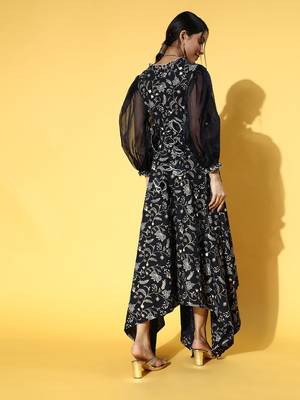 Navy-blue printed cotton long-dresses 3
