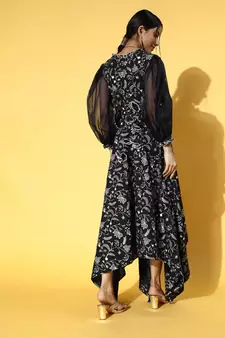 Navy-blue printed cotton long-dresses