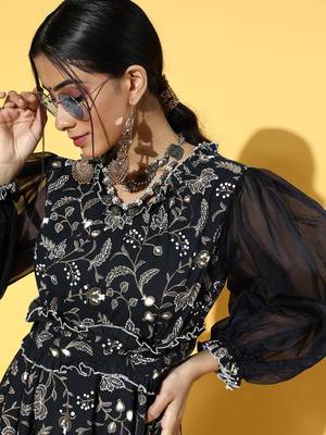 Navy-blue printed cotton long-dresses 4