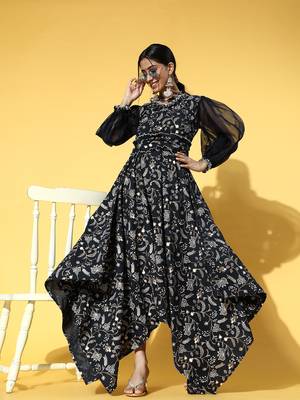 Navy-blue printed cotton long-dresses 5