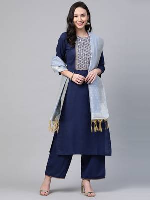 Indo Era Navy Blue Solid Straight Kurta Palazzo with Dupatta Set 1
