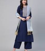 Indo Era Navy Blue Solid Straight Kurta Palazzo with Dupatta Set