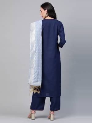 Indo Era Navy Blue Solid Straight Kurta Palazzo with Dupatta Set 2