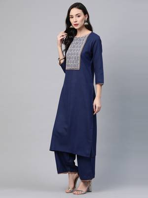 Indo Era Navy Blue Solid Straight Kurta Palazzo with Dupatta Set 3