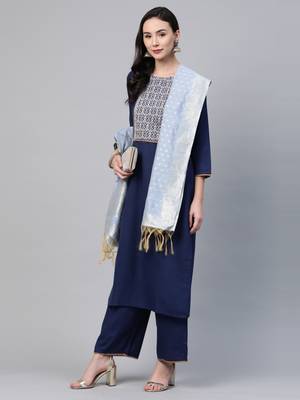 Indo Era Navy Blue Solid Straight Kurta Palazzo with Dupatta Set 4