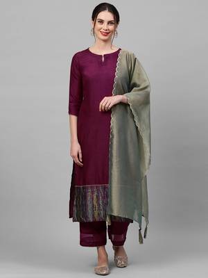Indo Era Wine Solid Straight Kurta Palazzo with Dupatta Sets 1