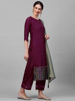 Indo Era Wine Solid Straight Kurta Palazzo with Dupatta Sets 3