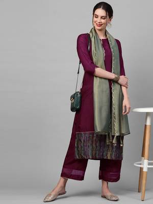 Indo Era Wine Solid Straight Kurta Palazzo with Dupatta Sets 4
