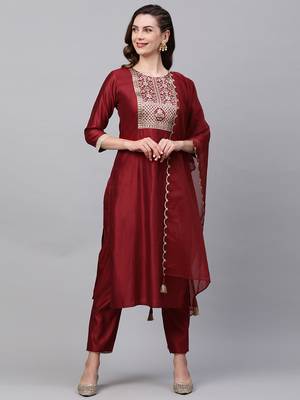 Indo Era Red Solid Straight Kurta Trouser with Dupatta Set 1