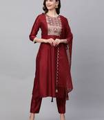 Indo Era Red Solid Straight Kurta Trouser with Dupatta Set