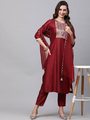 Indo Era Red Solid Straight Kurta Trouser with Dupatta Set 4