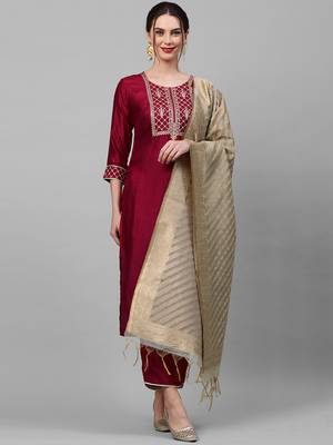 Indo Era Maroon Embroidered Straight Kurta Palazzo With Dupatta Set 1