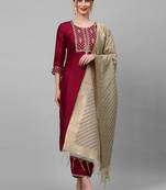 Indo Era Maroon Embroidered Straight Kurta Palazzo With Dupatta Set