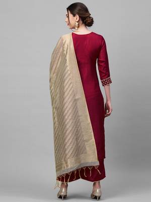 Indo Era Maroon Embroidered Straight Kurta Palazzo With Dupatta Set 2