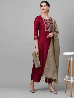 Indo Era Maroon Embroidered Straight Kurta Palazzo With Dupatta Set 4